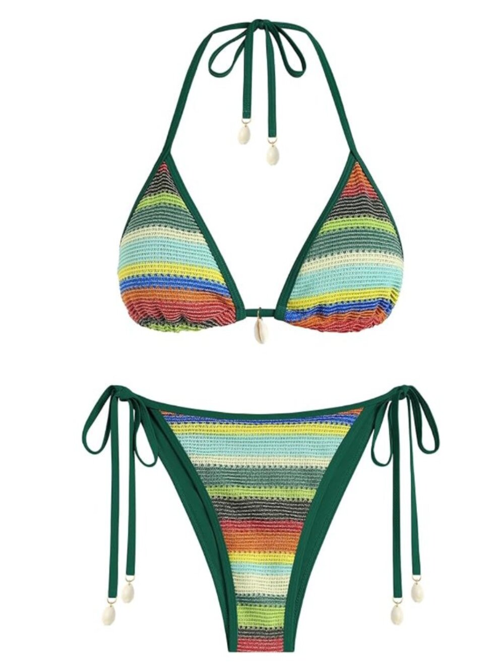 ZAFUL Medium Deep Green Crochet Textured Stripe Halter Cheeky Bikini NWT
